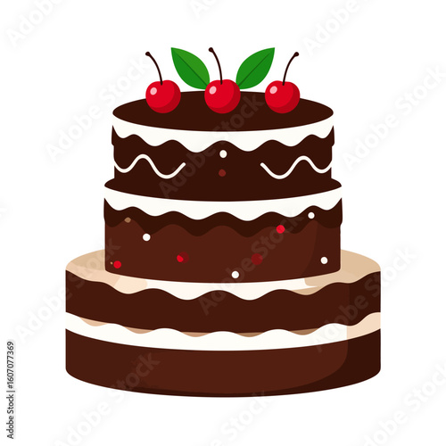 Illustrated two-tier chocolate cake with white cream frosting and red cherry topping.
