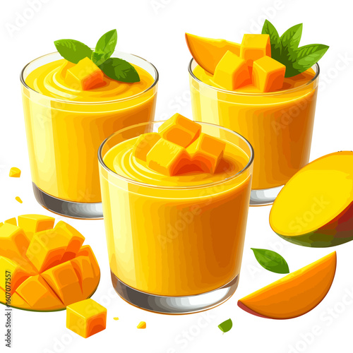 Three glasses of vibrant yellow mango smoothie garnished with fresh diced mango and mint leaves.