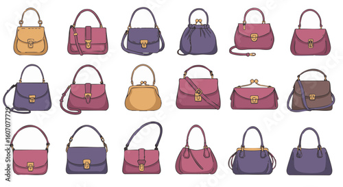 Women’s bags with closures flat vector icons, 15 styles, no labels