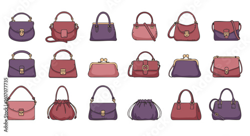 Women’s bags with closures flat vector icons, 15 styles, no labels