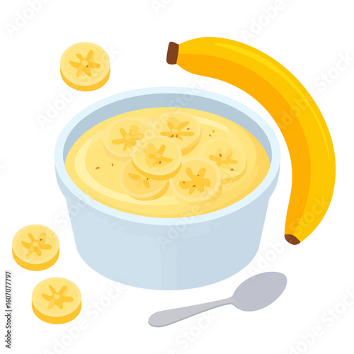 A bowl of creamy banana pudding topped with fresh slices, next to a whole banana and a spoon.