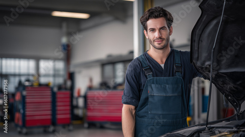 Mechanic standing next to an open car hood in a well-lit garage