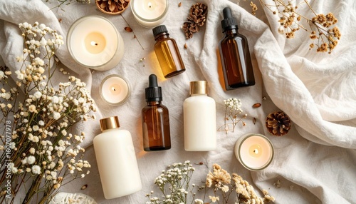Serene Spa Still Life: Candles, Oils, and Dried Flowers on Linen