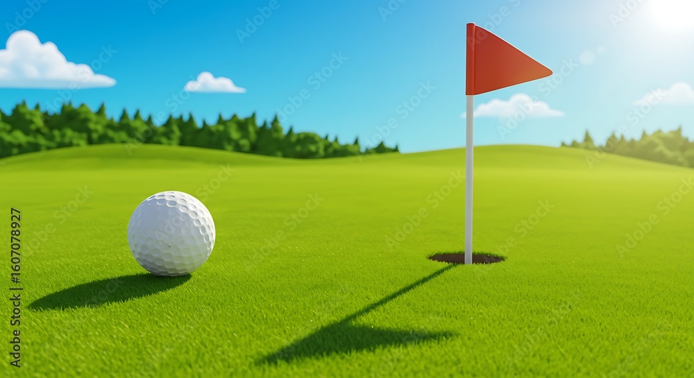 Fototapeta premium White Golf Ball on Green Course with Red Flag Under Blue Sky
