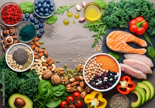 Flat Lay of Clean High-Protein Ingredients for Fitness Meal Prep and Healthy Eating Plans