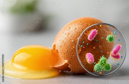 Cracked raw egg on a kitchen counter, with a zoomed-in circle revealing bacteria like salmonella and listeria on the eggshell surface, highlighting food contamination risks from uncooked eggs