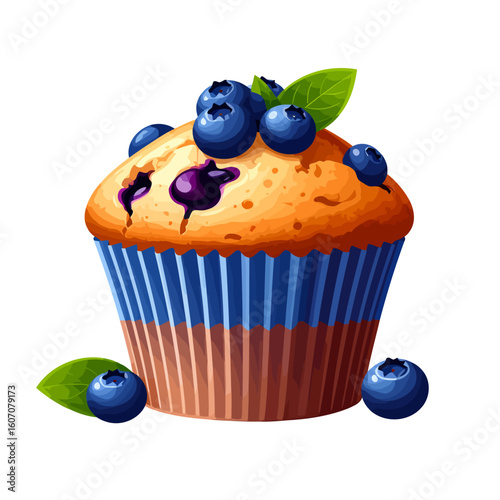Delicious blueberry muffin illustration with fresh berries and a green leaf in a blue striped liner.