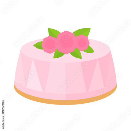 Delicate pink molded dessert with rose and leaf garnish on a biscuit base.