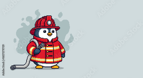 A cartoon penguin wearing a firefighter's uniform, holding a hose, ready to extinguish flames.