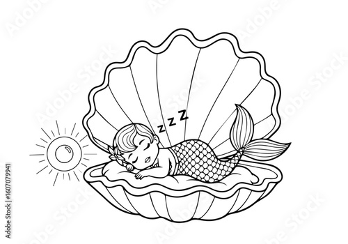 Baby mermaid sleeping in clamshell cradle with glowing pearl coloring page