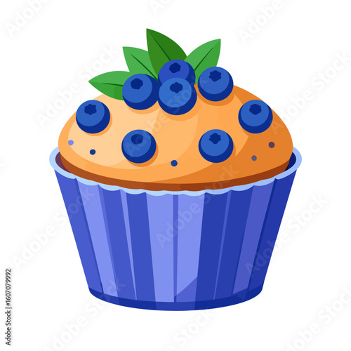 Stylized blueberry muffin with fresh berry topping and green leaves in a blue liner.