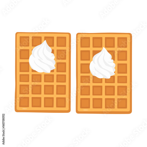 Two golden brown rectangular waffles with a dollop of fluffy whipped cream, flat vector illustration.