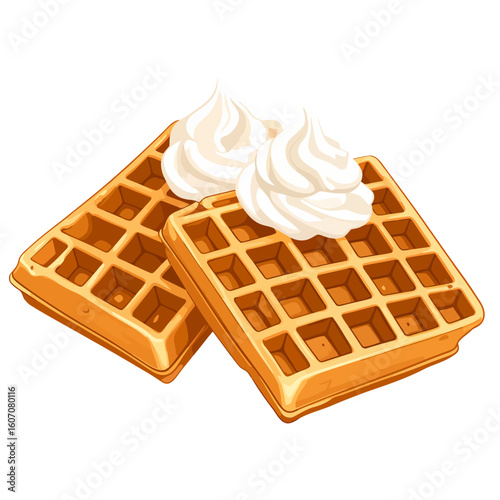 Two golden-brown Belgian waffles topped with fluffy white whipped cream dollops.