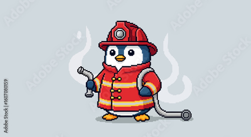 Adorable pixel art penguin firefighter bravely battling a small fire.