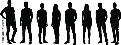 Silhouette of men and women standing in row, full body vector illustration, black human shapes, isolated on white background, design art