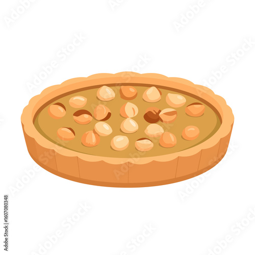 A whole macadamia nut tart with a sweet caramel filling and a golden fluted pastry crust, illustrated style.
