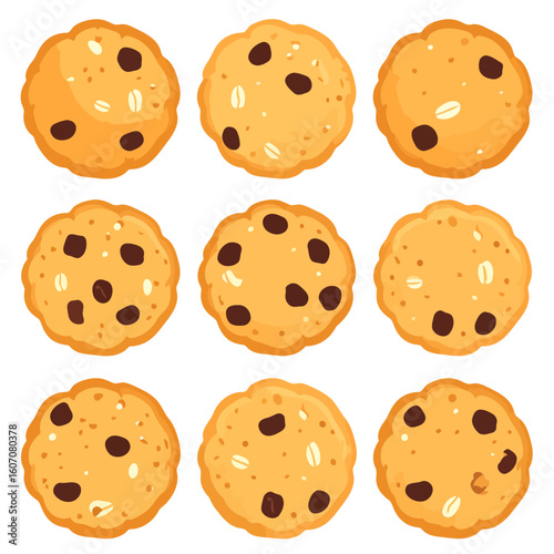 Set of nine cartoon oatmeal chocolate chip cookies with a simple, flat design.