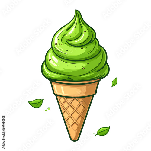 Vibrant green matcha soft-serve ice cream in a crispy waffle cone, cartoon vector style.