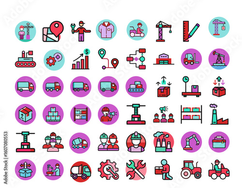 set of industrial and logistics icons representing various sectors on a white background

