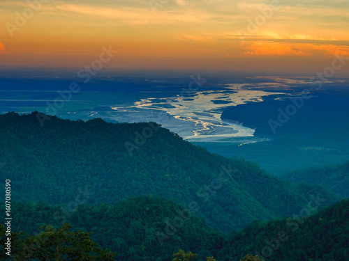 Aerial view of the meandering Teesta river at sunset in North Bengal, India