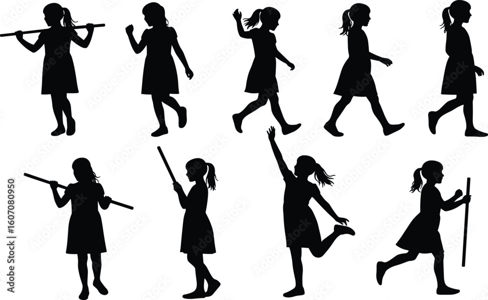 Obraz premium Silhouettes of young girls playing with sticks in various active poses, childhood movement, outdoor activity, fun, innocence, and energy