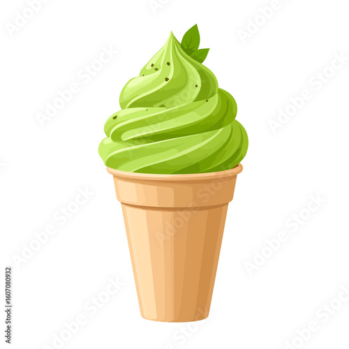 Vibrant swirled matcha soft serve ice cream in a wafer cone, garnished with tea leaves.