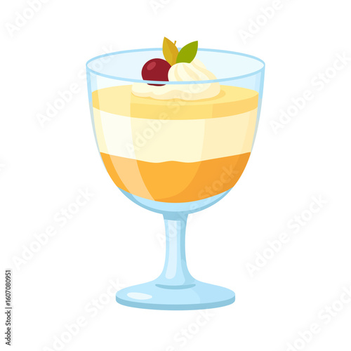 Layered fruit mousse and jelly dessert in a glass goblet, topped with whipped cream, a red cherry, and mint leaves.
