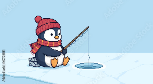 A cartoon penguin wearing a hat and scarf sits fishing through a hole in the ice.