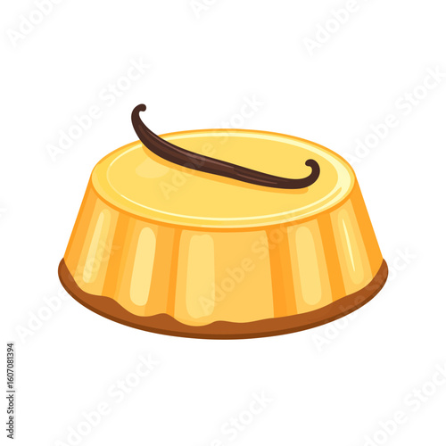 Smooth, glossy yellow vanilla flan with a fluted side and a dark brown vanilla bean pod garnish.