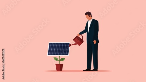 energy stock market sustainable. Businessman watering a solar panel plant, symbolizing sustainable energy growth.
