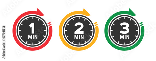 A collection of 3 to 1 minute countdown icons isolated on a white background. Cooking and preparation time to finish something. alarm icon