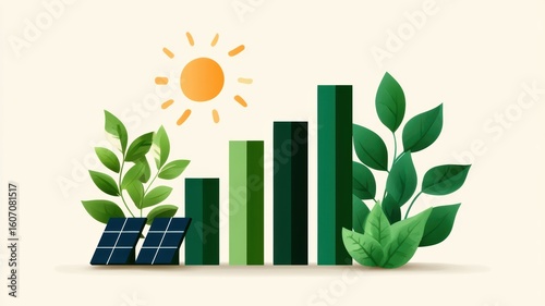 energy stock market sustainable. Green growth illustration featuring plants, solar panels, and a sun.