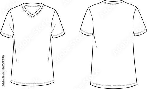 Wallpaper Mural V-neck t-shirt technical flat sketch – front and back vector template with short sleeves, topstitching, and relaxed unisex fit Torontodigital.ca