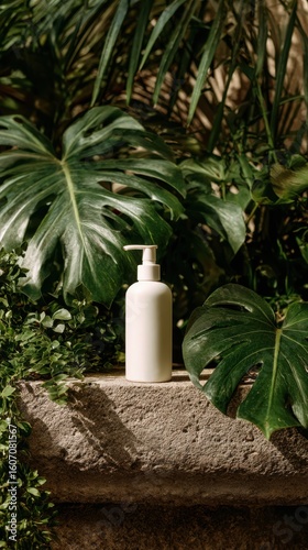 Natural skincare product bottle rests on stone amidst lush tropical foliage