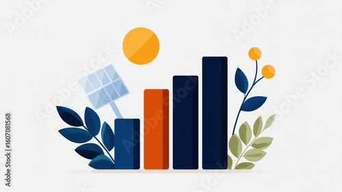 energy stock market sustainable. Illustration of bar graphs with plants and a solar panel against a sunny backdrop.