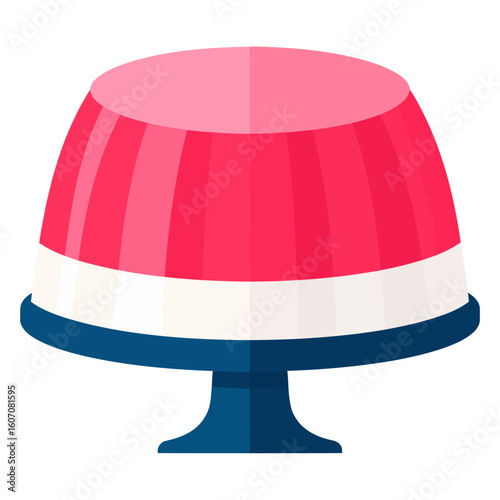 Colorful layered pudding dessert with pink jelly and cream on a blue pedestal.