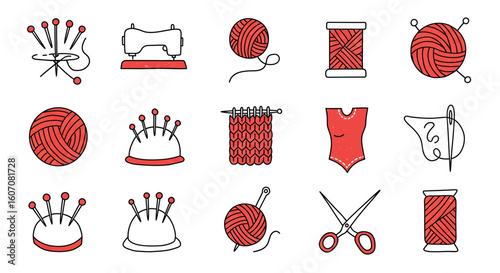 Crafting essentials: sewing and knitting icons with needlework tools and supplies