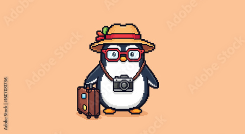 Cartoon penguin traveler wearing a hat and glasses, carrying a suitcase and camera, ready for vacation.