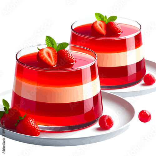 Two vibrant layered strawberry jelly desserts in glass tumblers, garnished with fresh strawberries and mint leaves.