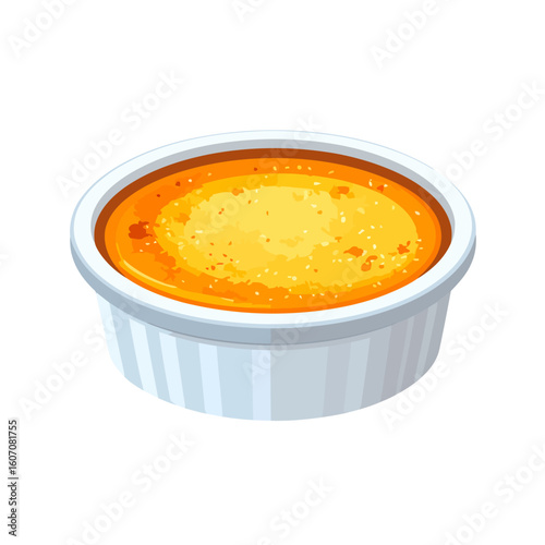Golden yellow baked custard dessert with sesame seeds in a white ribbed ramekin dish.