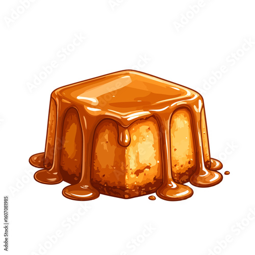 A delicious square cake covered in thick, shiny, dripping caramel sauce illustration.