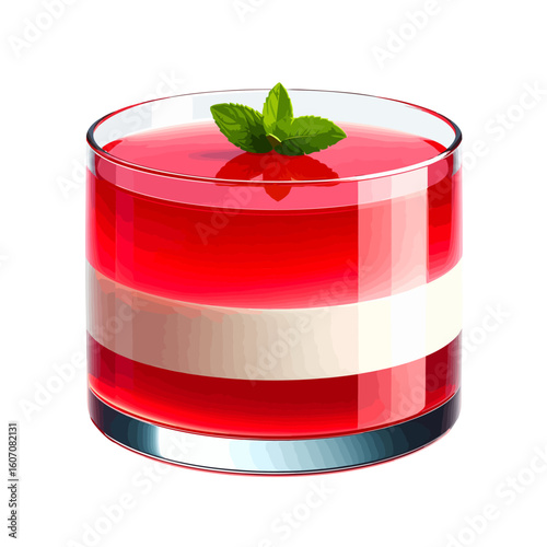 Layered red jelly and white cream dessert in a glass tumbler, garnished with a fresh mint sprig.