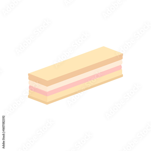 Simple isometric illustration of a rectangular wafer cookie with pink and white cream layers.