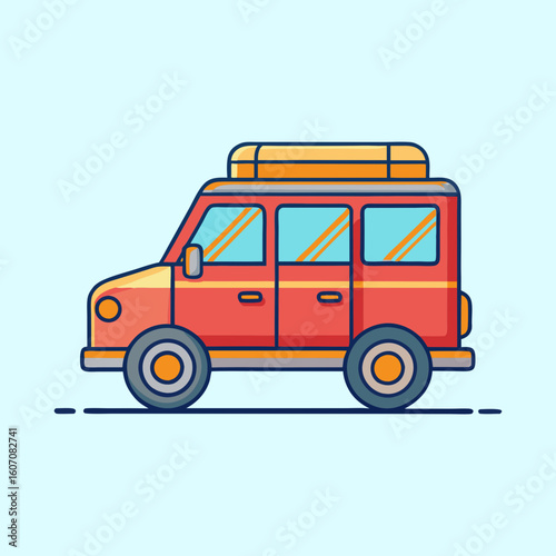 Cartoon illustration of a red SUV with roof rack and luggage