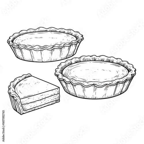 Set of hand-drawn pies with fluted crusts and a layered slice, sketch style illustration.