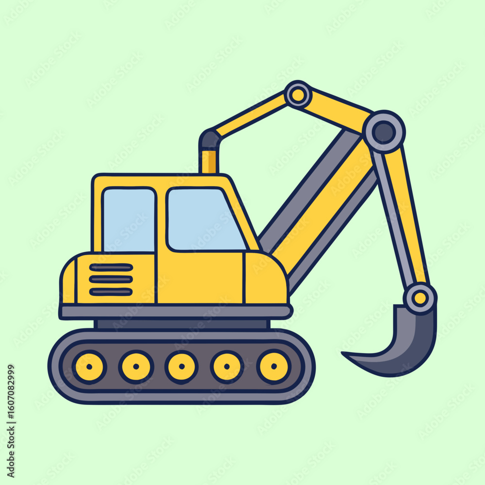 Cartoon Excavator on Light Green Background, Construction Equipment Illustration for Kids Cartoon Excavator on Light Green Background, Construction Equipment Illustration for Kids