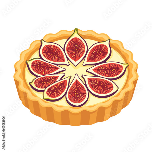An illustrated gourmet fig tart with a golden fluted crust, creamy custard filling, and a decorative pattern of sliced fresh figs.