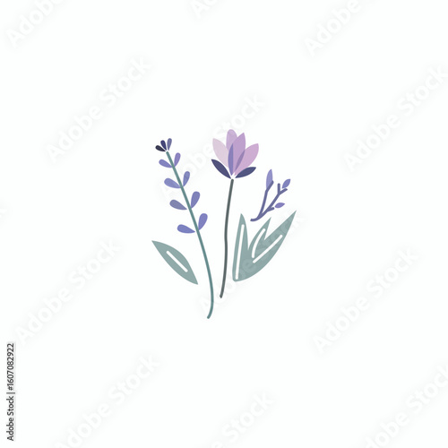 A soft, minimalistic vector illustration of wildflowers and lavender in pastel tones of purple, violet, and sage green. 