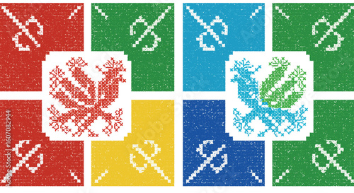 Colorful pixel art bird patterns with distressed texture in traditional design