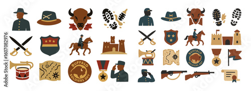 Buffalo Soldiers Icon Set with Military Symbols and Historical Emblems